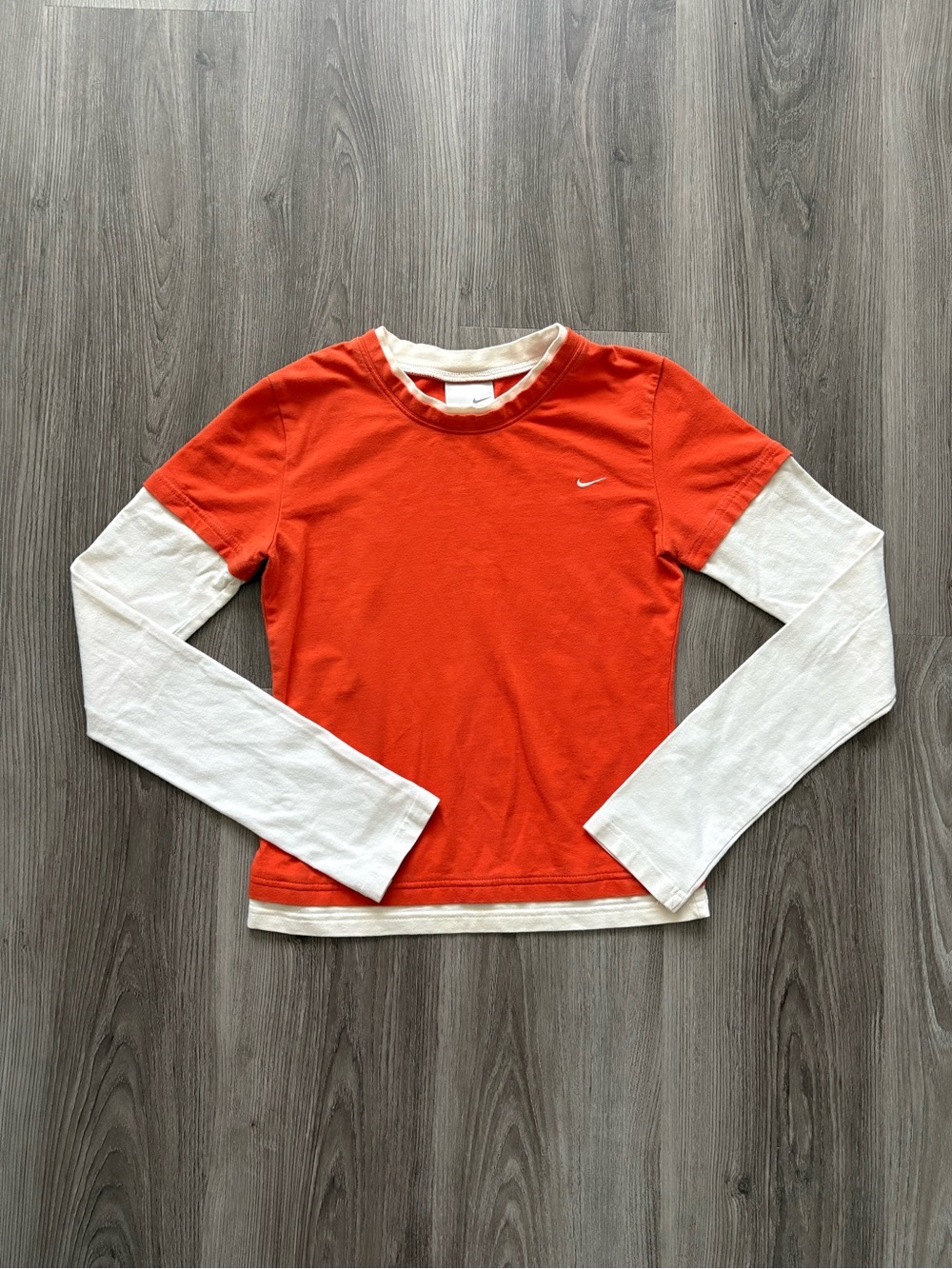 Y2K Sliver Tag Nike Orange and White Layered-Look Long Sleeve Tee